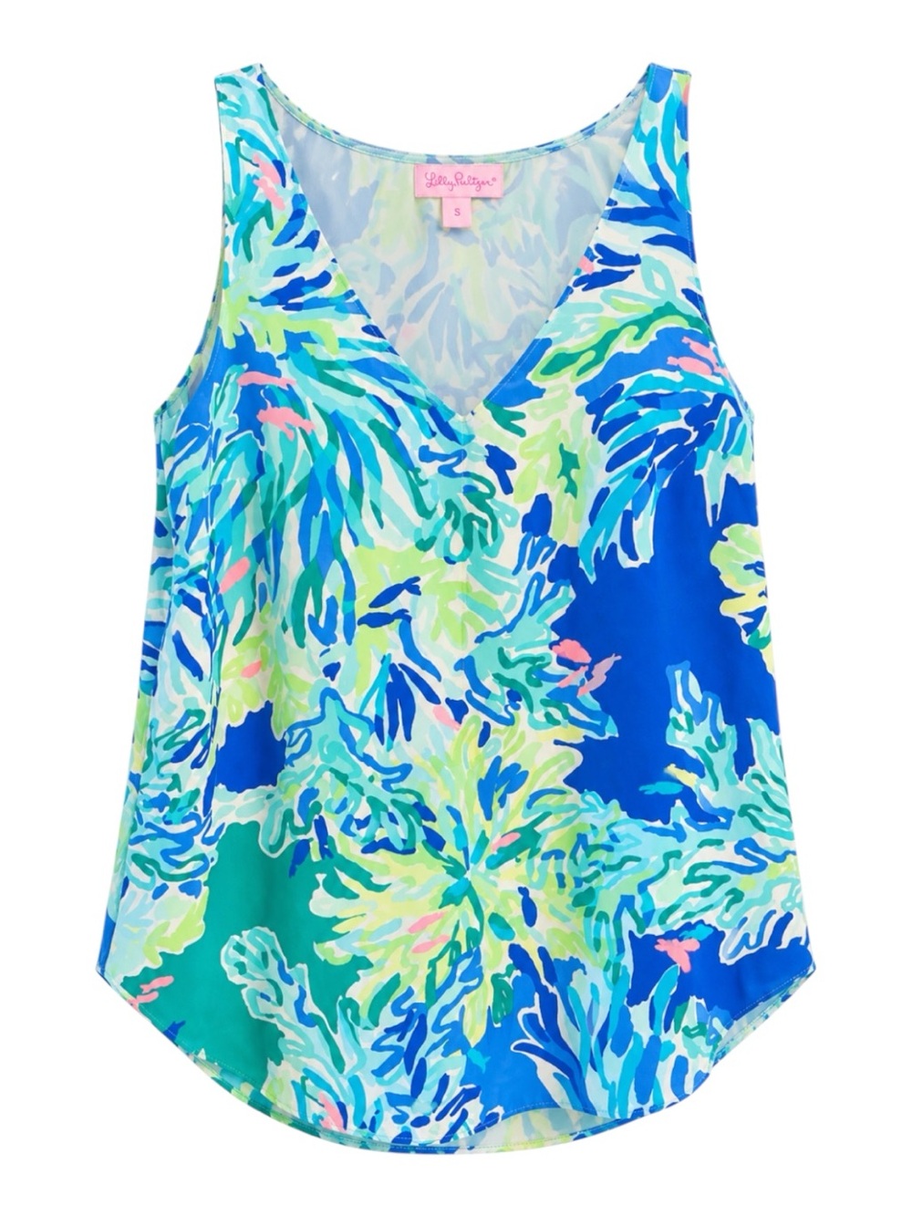 Lilly Pulitzer Tank Top Womens S Blue Excellent Silk Elsa Coral Print V-Neck